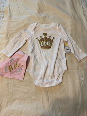 Little Wonders White Long-Sleeve One-Piece with Gold Crown and Pink Dots
